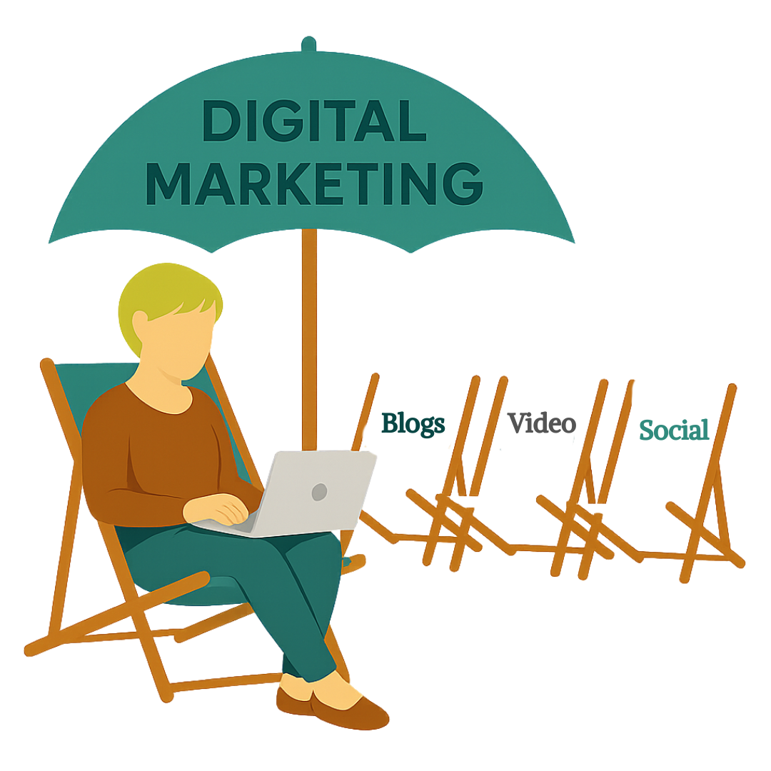 Flat illustration of a faceless woman sitting on a beach chair with a laptop under an umbrella labeled Digital Marketing, with three smaller chairs labeled blog, video, and social representing the difference between digital marketing vs. content marketing.