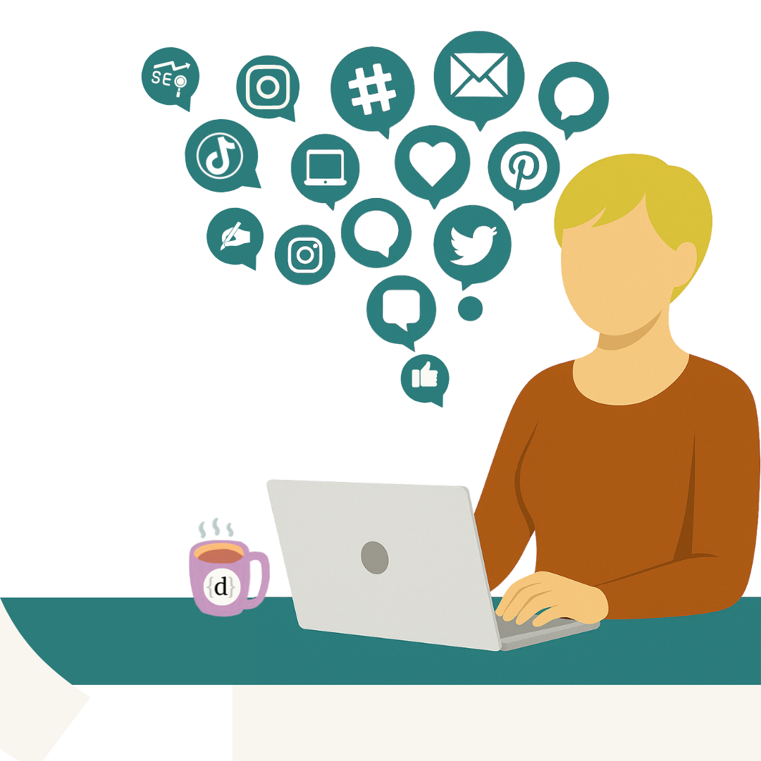 Illustration of woman with laptop and social media icons like facebook, X, TikTok streaming above as though bubble representing social media marketing services in Raleigh and beyond