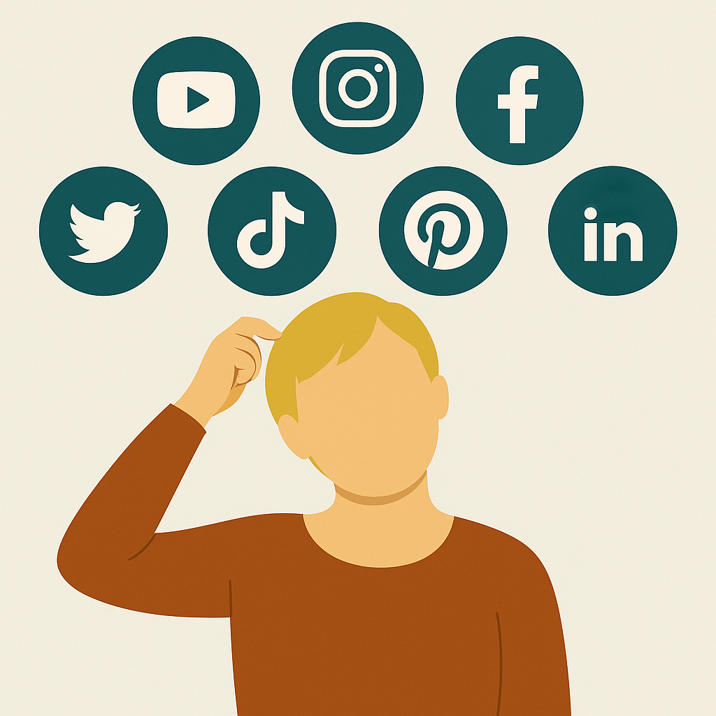 How to choose the right social media platform illustration showing small business owner avatar with icons for Facebook, Instagram, LinkedIn, TikTok, YouTube, X, and Pinterest"