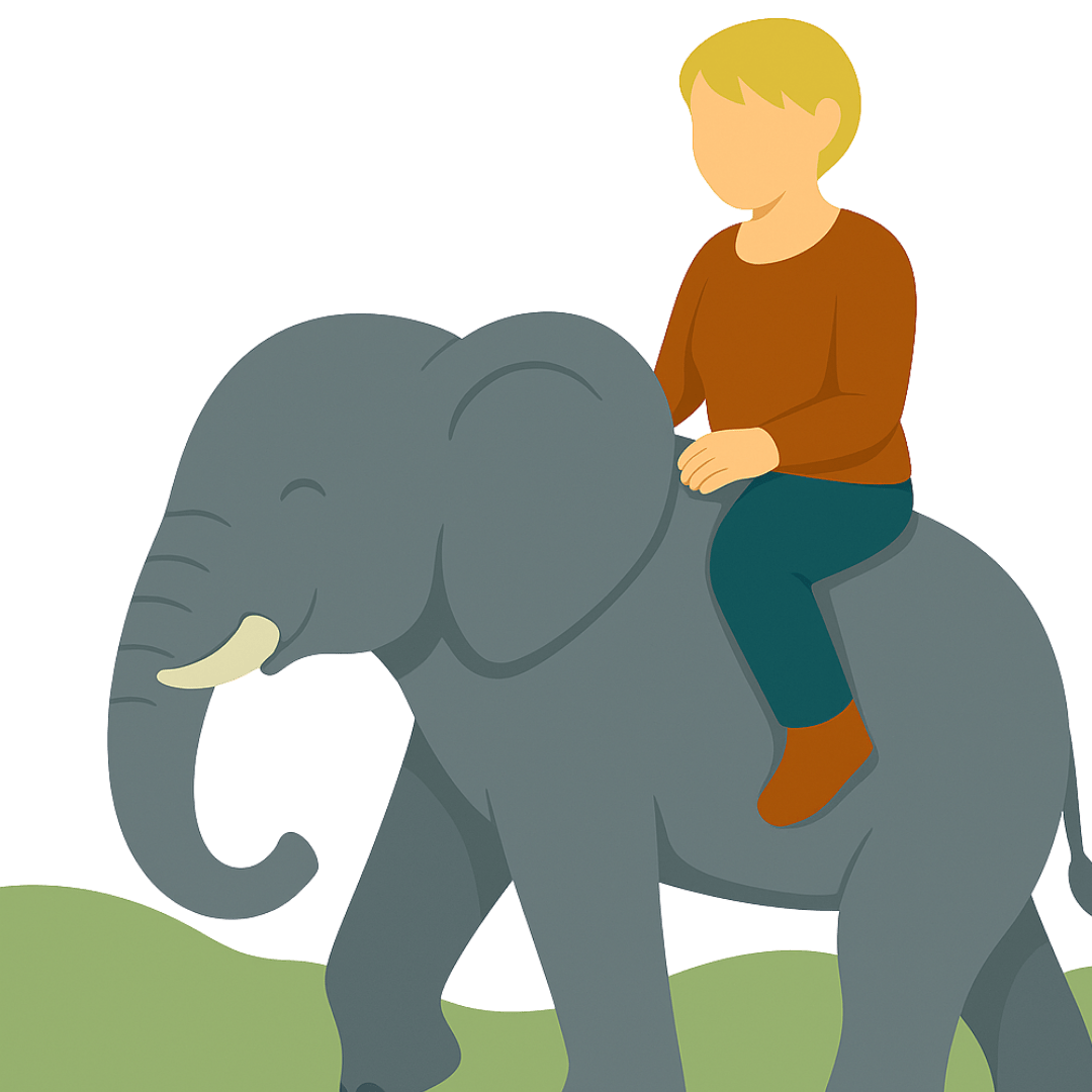 Cartoon illustration of a blond woman with a pixie haircut riding an elephant, symbolizing how a marketing plan guides a larger marketing strategy.