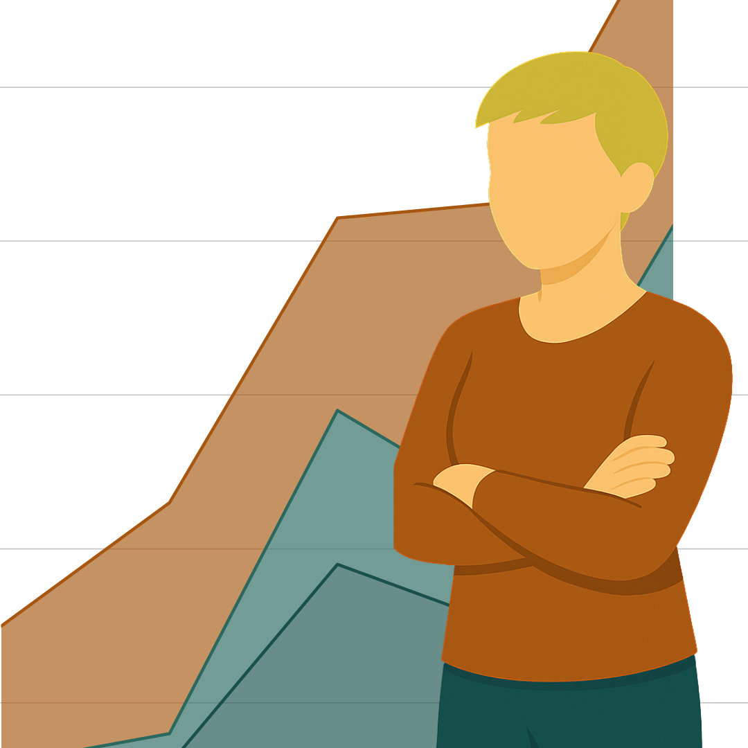 Image of the avator standing with hands folded about a chart representing website-analytics