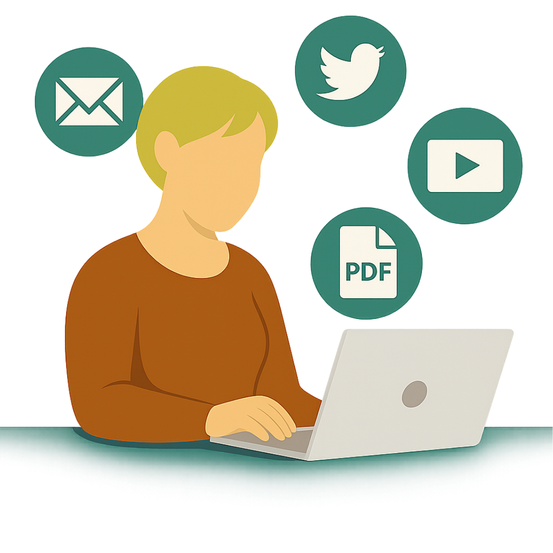 Flat illustration of a faceless woman at a desk with a laptop, surrounded by icons for email, social media, video, and PDFs to represent repurposed content.