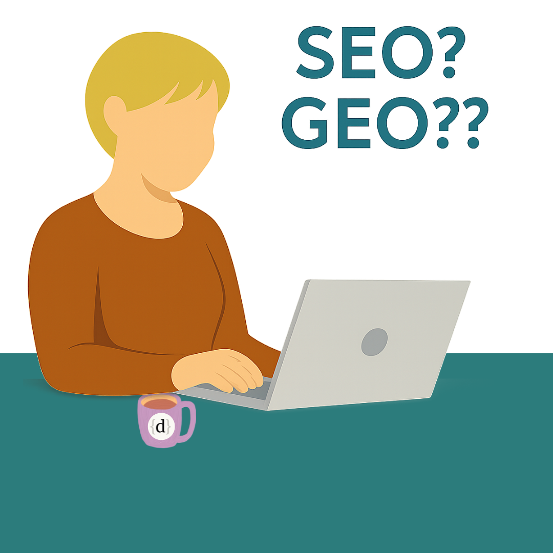 Flat illustration of a faceless woman working on a laptop with the words “SEO? GEO??” displayed beside her, symbolizing the shift from SEO to Generative Engine Optimization