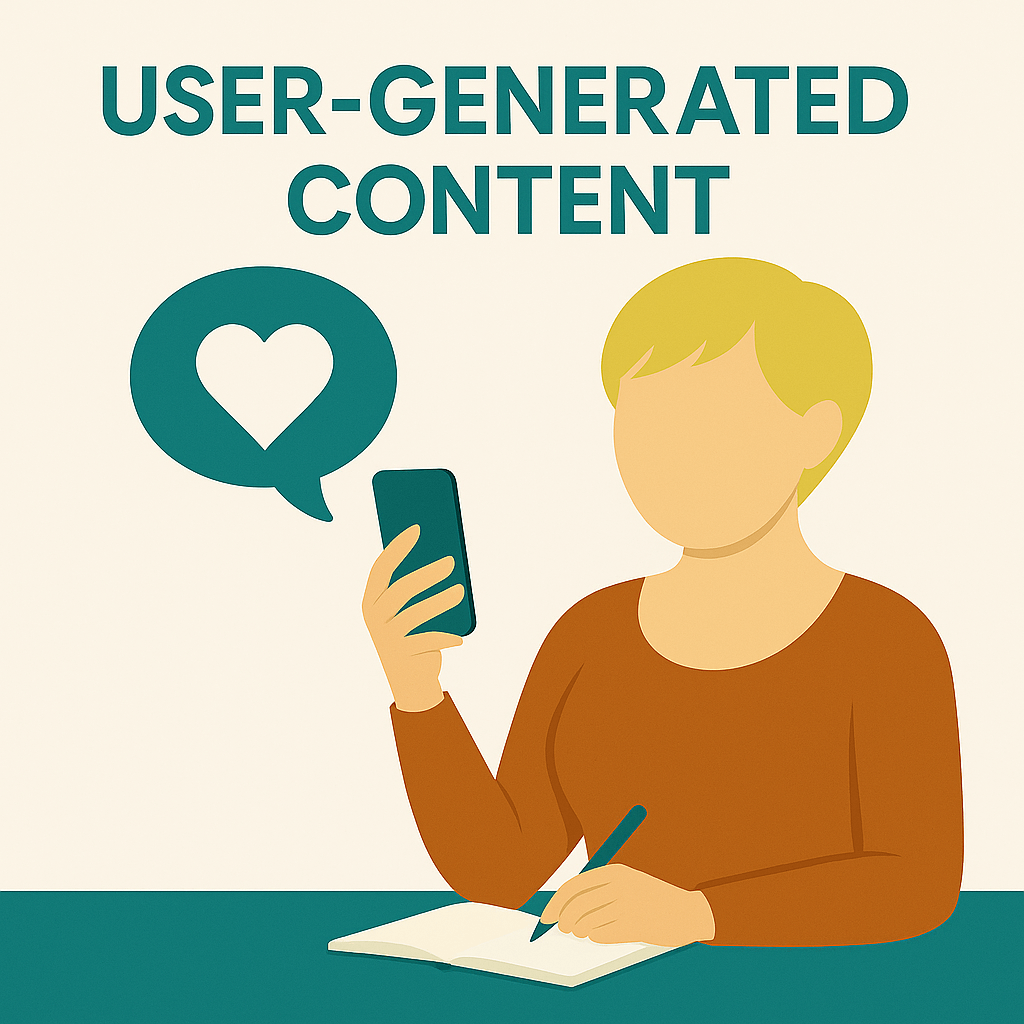 Illustration of a person using a smartphone with a heart speech bubble and notebook, representing user-generated content (UGC) in digital marketing.