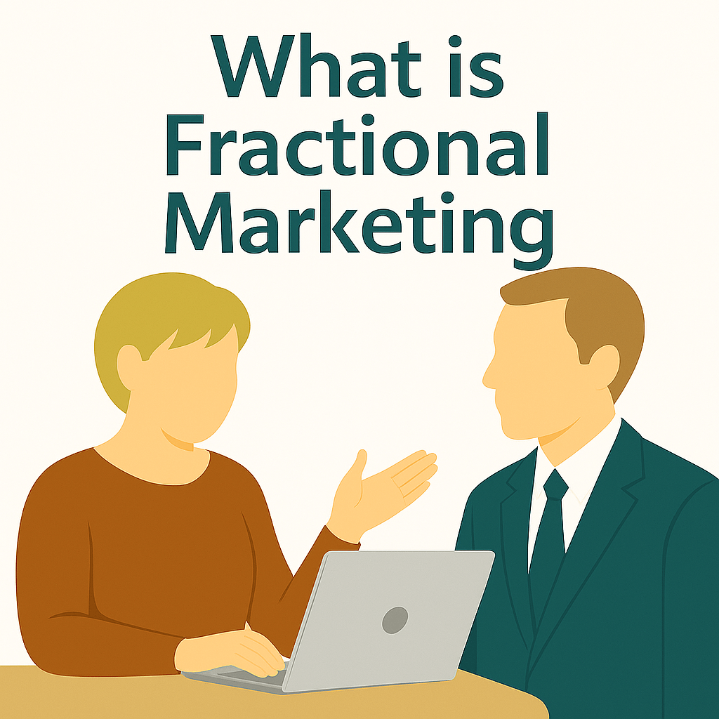 Flat-style illustration of two business professionals discussing marketing with the text “What is Fractional Marketing” above them.