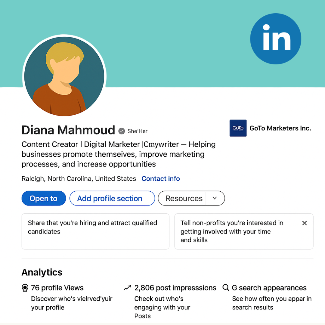 LinkedIn profile screenshot of Diana Mahmoud avatar, digital marketing consultant in Raleigh NC, with focus on LinkedIn Algorithm and content strategy.