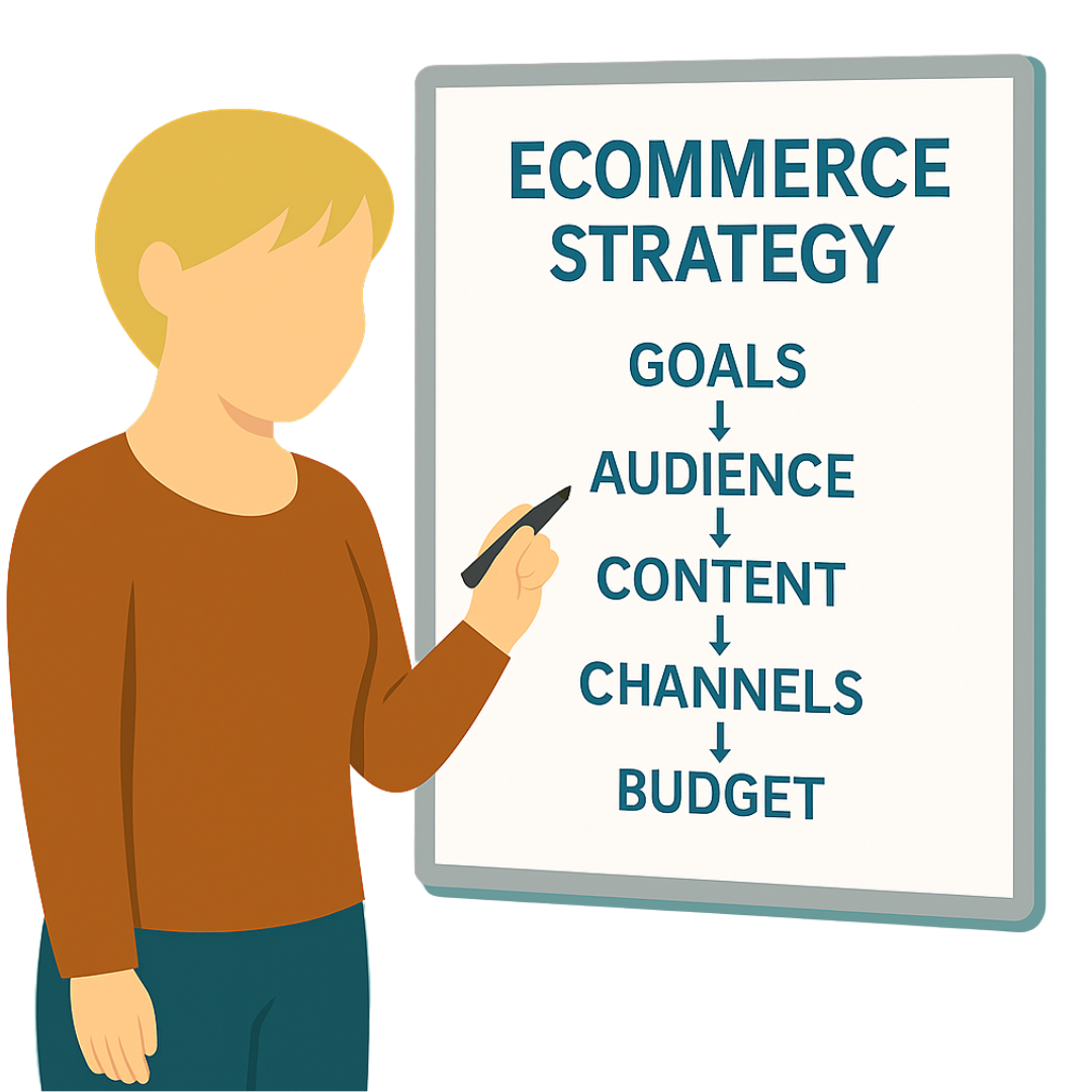 Cartoon illustration of a blond woman with a pixie haircut standing by a whiteboard labeled online marketing strategy with steps Goals, Audience, Content, Channels, and Budget.
