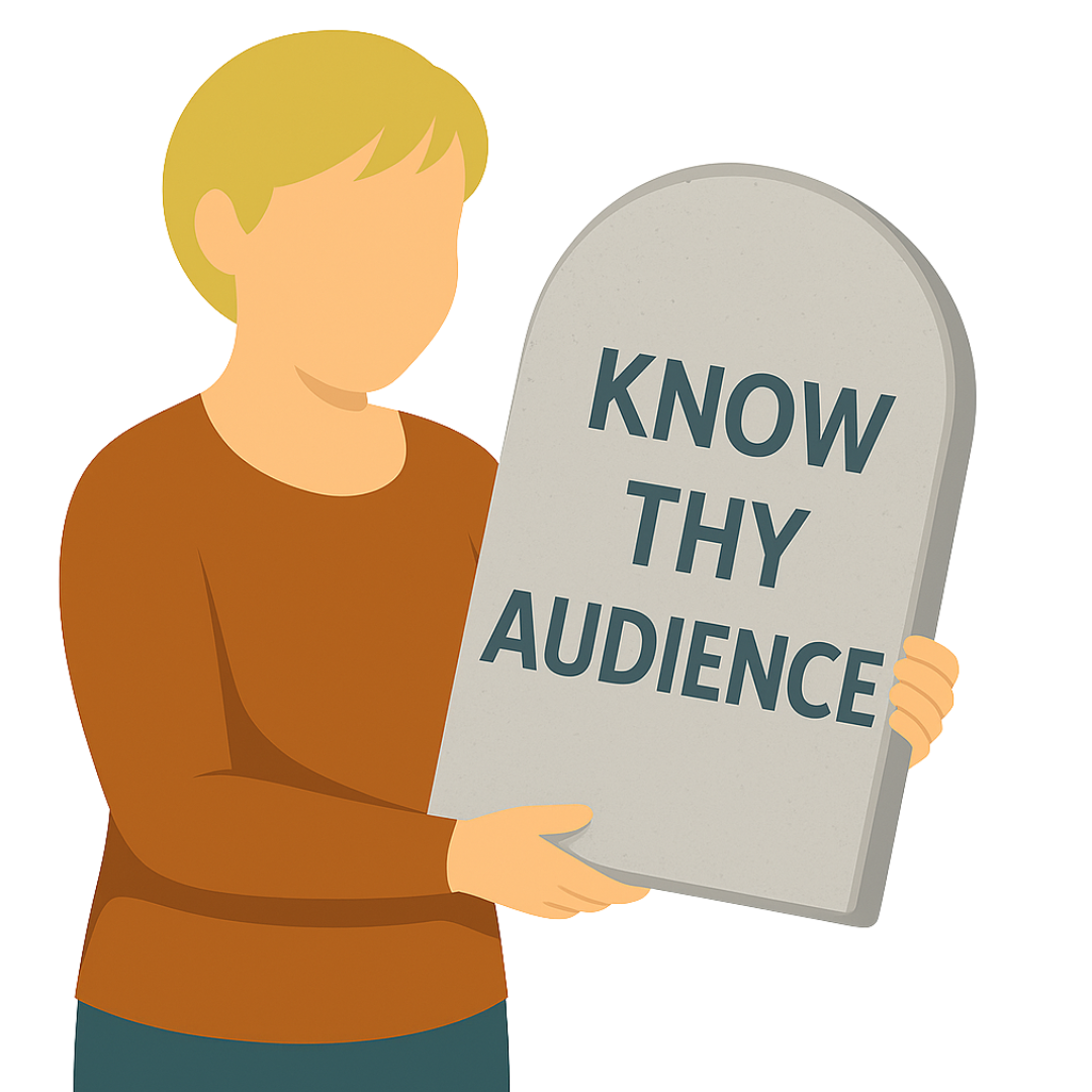 Cartoon illustration of a blond woman with a pixie haircut holding a stone tablet engraved with the words “Know Thy Target Audience.