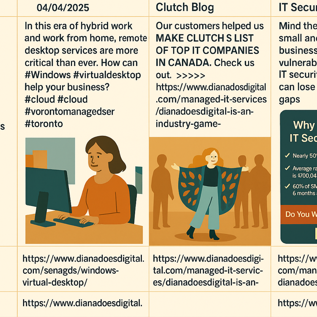 Cartoon-style social media content calendar layout cream, teal, and warm earth tones, showing posts with text, hashtags, images, and links for April 4, 2025.