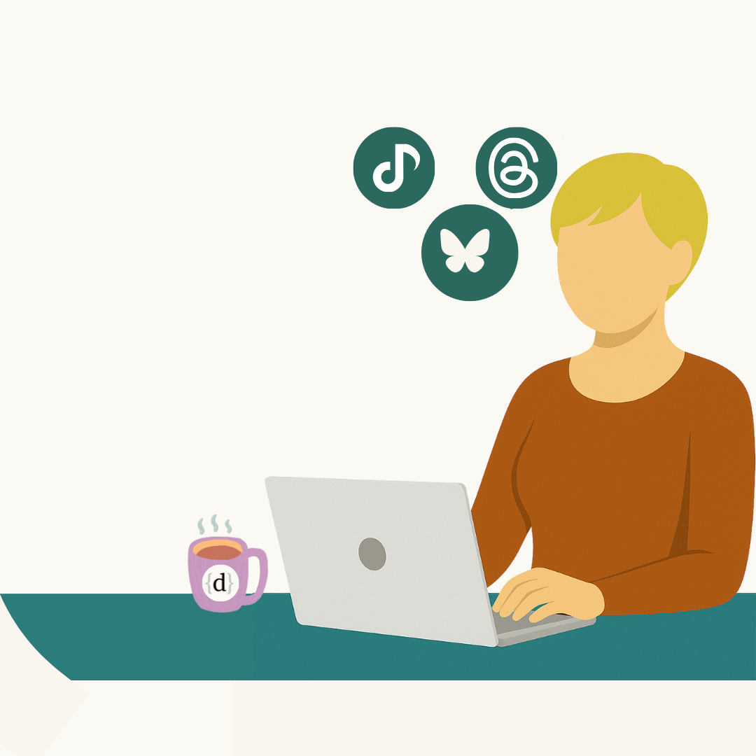 Cartoon illustration of Diana Does Digital avatar working on a laptop with TikTok, Threads, and Bluesky icons floating above, symbolizing new social media platforms.